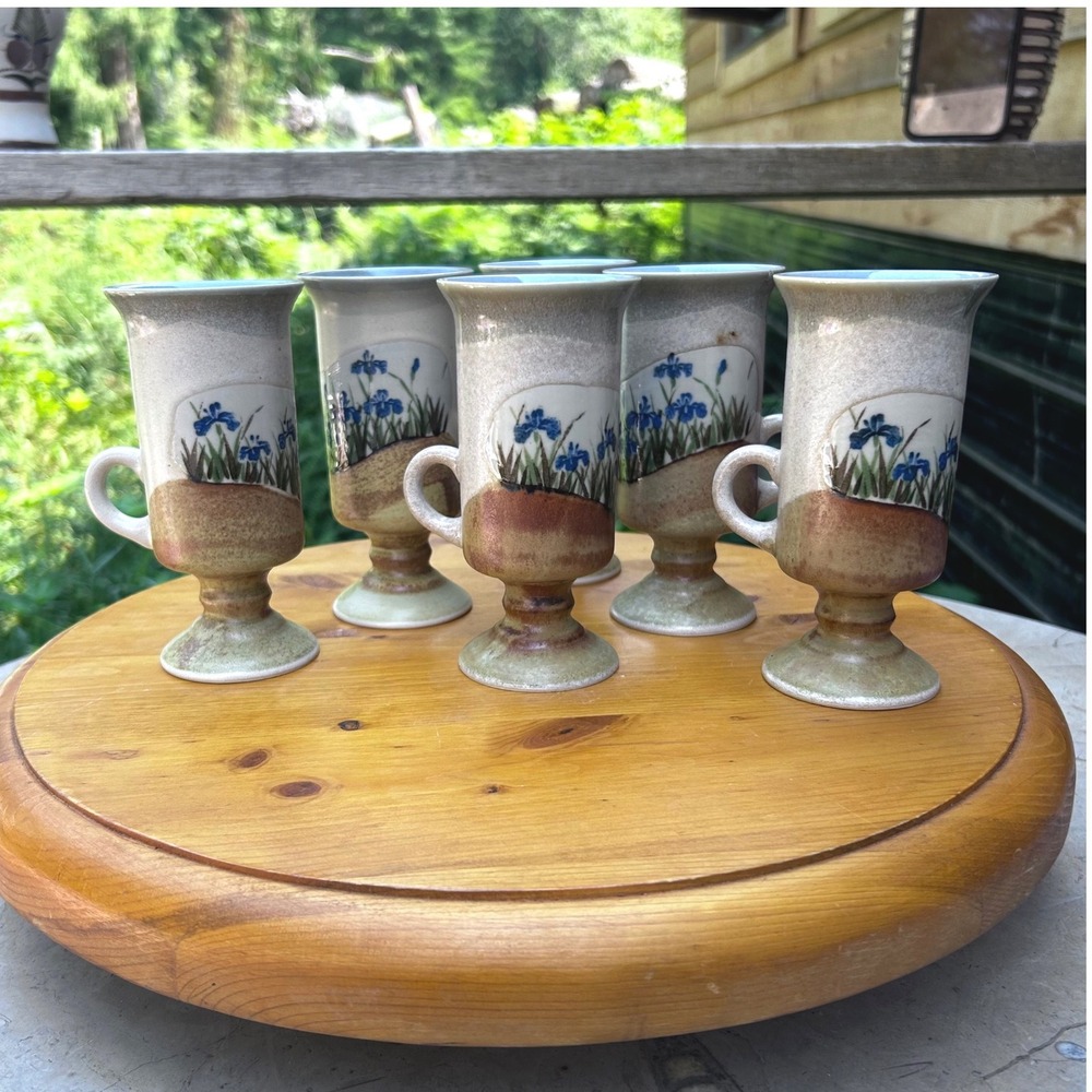 Vintage Otagiri Japan Coffee Mugs Set of 6 Blue Iris Flower Pedestal Stoneware